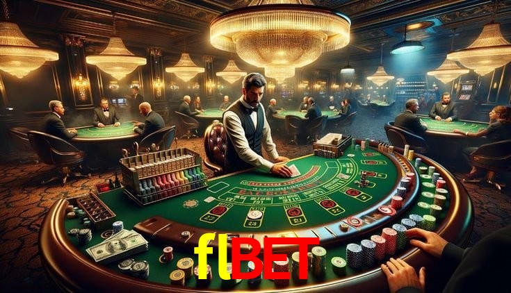 Una escena digital vívida inspirada en casino con flbet mostrado prominentemente, luces brillantes, fichas, cartas y acentos dorados.