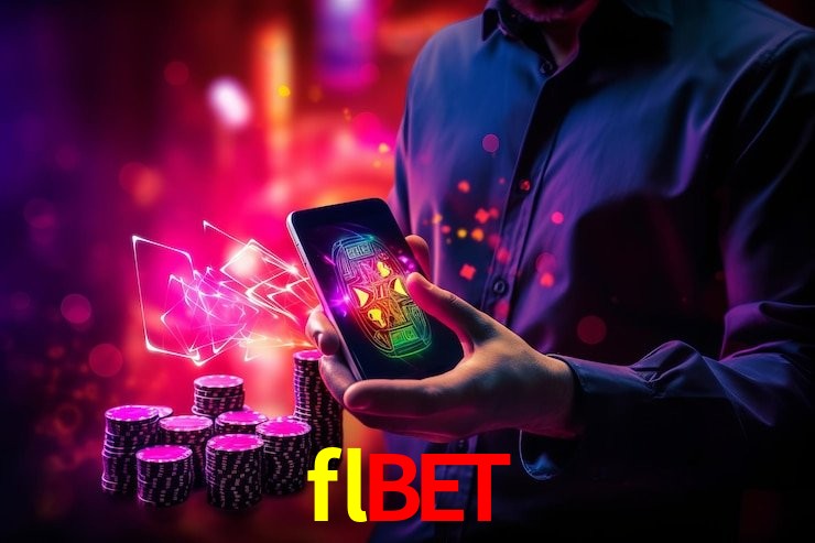 Escena dinámica inspirada en casino con iluminación flbet, cartas, fichas e íconos de juegos digitales en un espacio moderno de juegos.