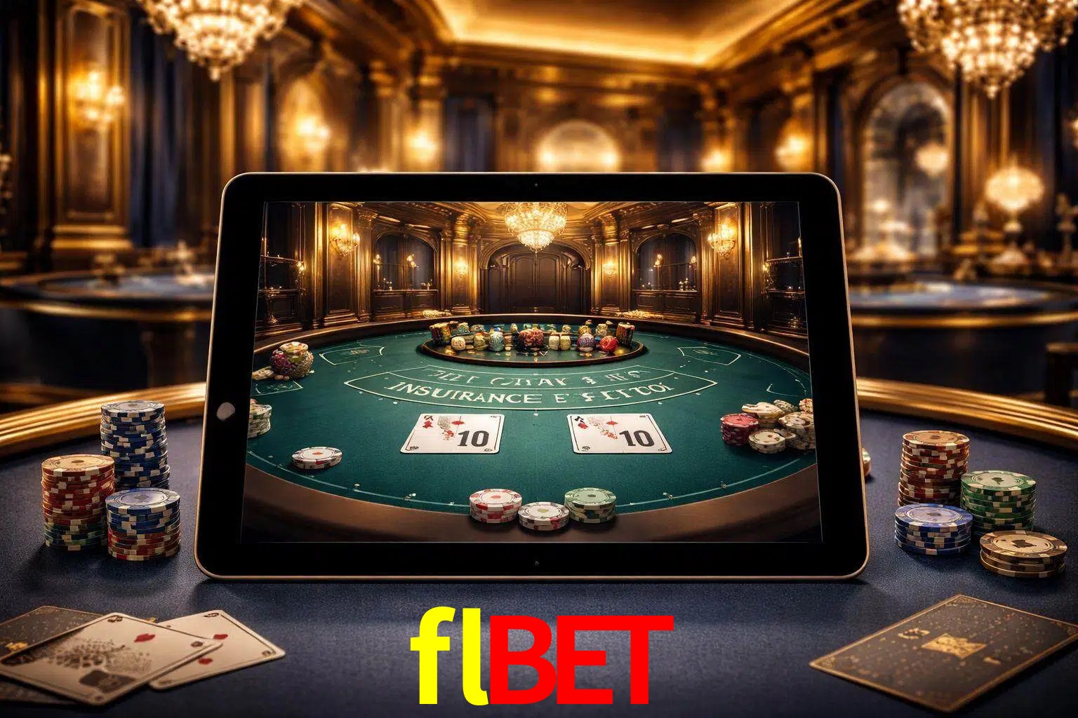 Configuración moderna de casino en vivo con una tableta mostrando una mesa de blackjack, luces cálidas de estudio y una atmósfera elegante de juegos digitales.