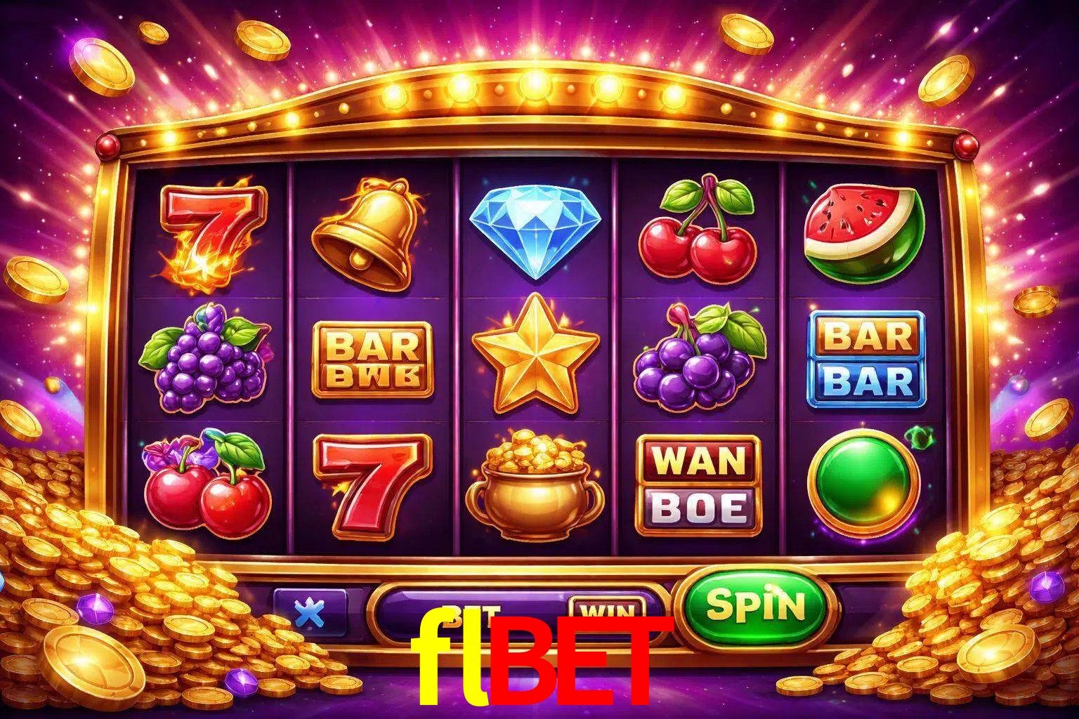 Una interfaz colorida de tragamonedas en línea con símbolos brillantes, monedas y un efecto de victoria celebratoria en flbet.