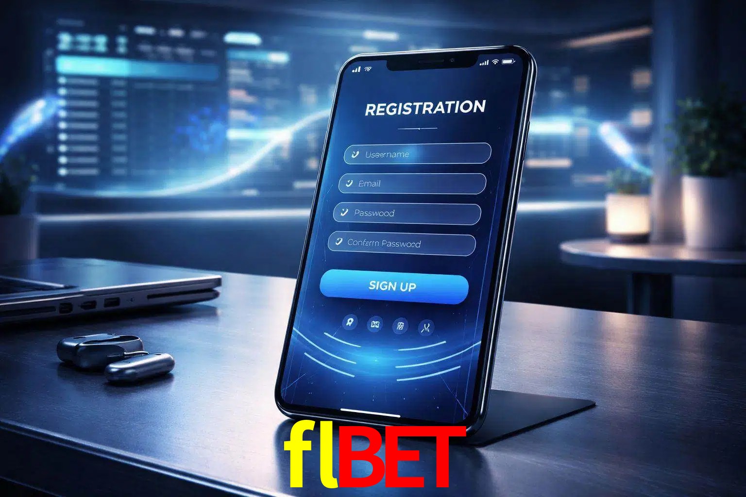 Una interfaz moderna de registro móvil para flbet mostrada en un smartphone con un panel de apuestas elegante.